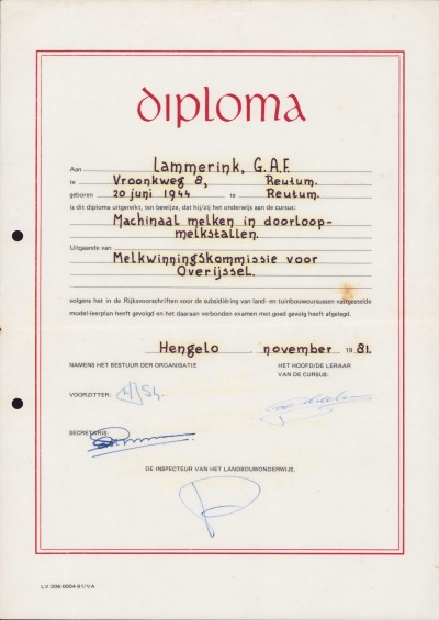 1981 Diploma G.A.F. Lammerink Machinaal melken in doorloopstallen.