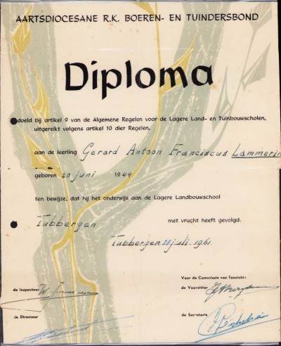 1961 Diploma G.A.F. Lammerink Landbouwschool Tubbergen