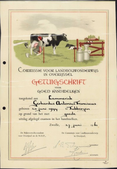 1961 Getuigschrift G.A.F. Lammerink Goed Handmelken