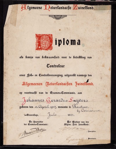 Algemeene Nederlandsche Zuivelbond Diploma Controleur J.G. Snijders Reutum 1941