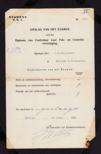 Examens F.N.Z. J.G. Snijders Reutum uitslag examen 1941