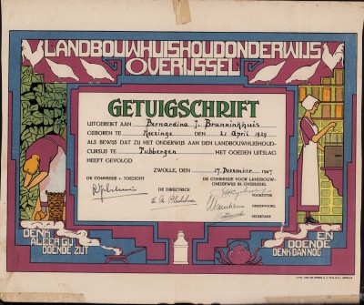 Landbouwhuishoudonderwijs overijssel getuigschrift Bernardina J. Brunninkhuis 1947