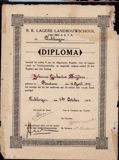 R.K. Lagere Landbouwschool van den A.B.T.B. Tubbergen Diploma JG Snijders 1934
